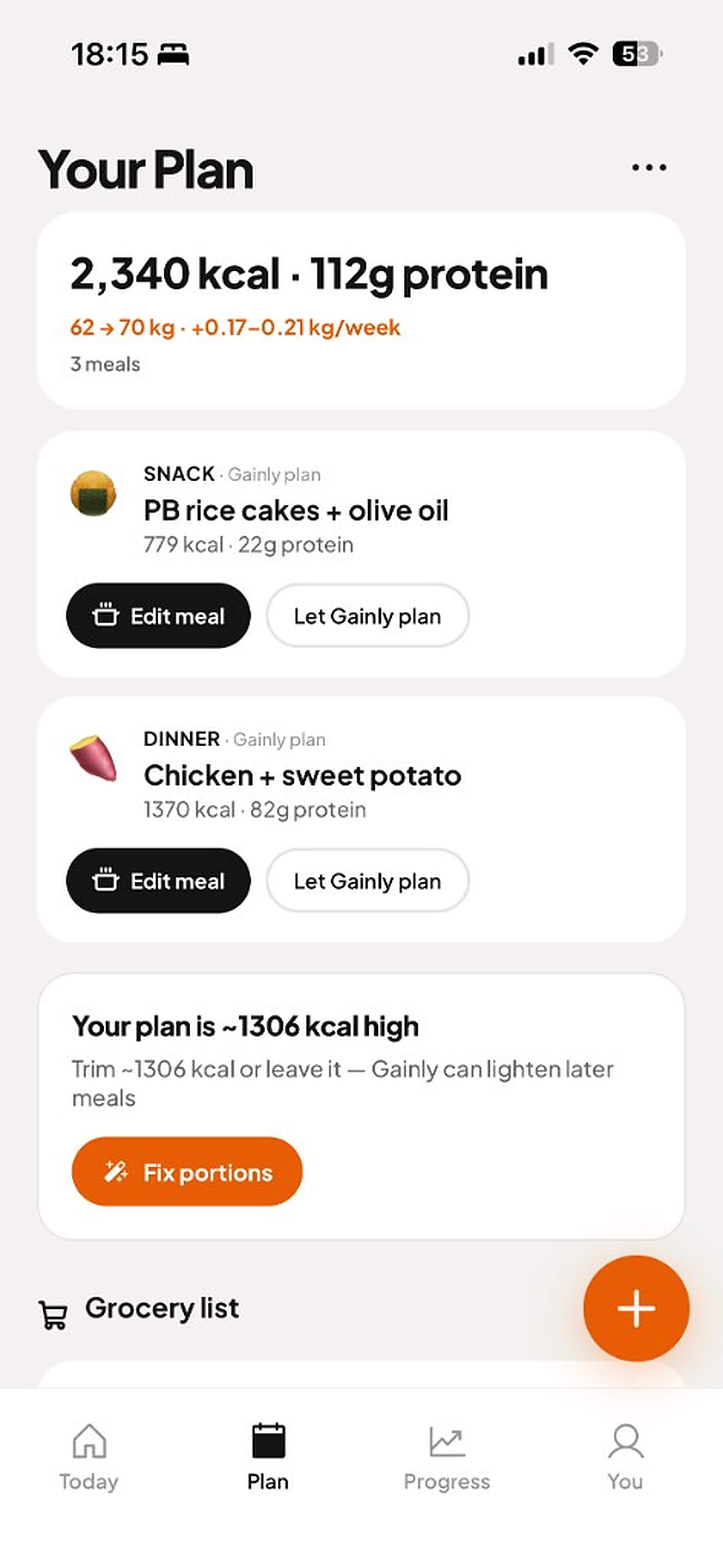 Gainly Plan — meals from your foods and weekly pace