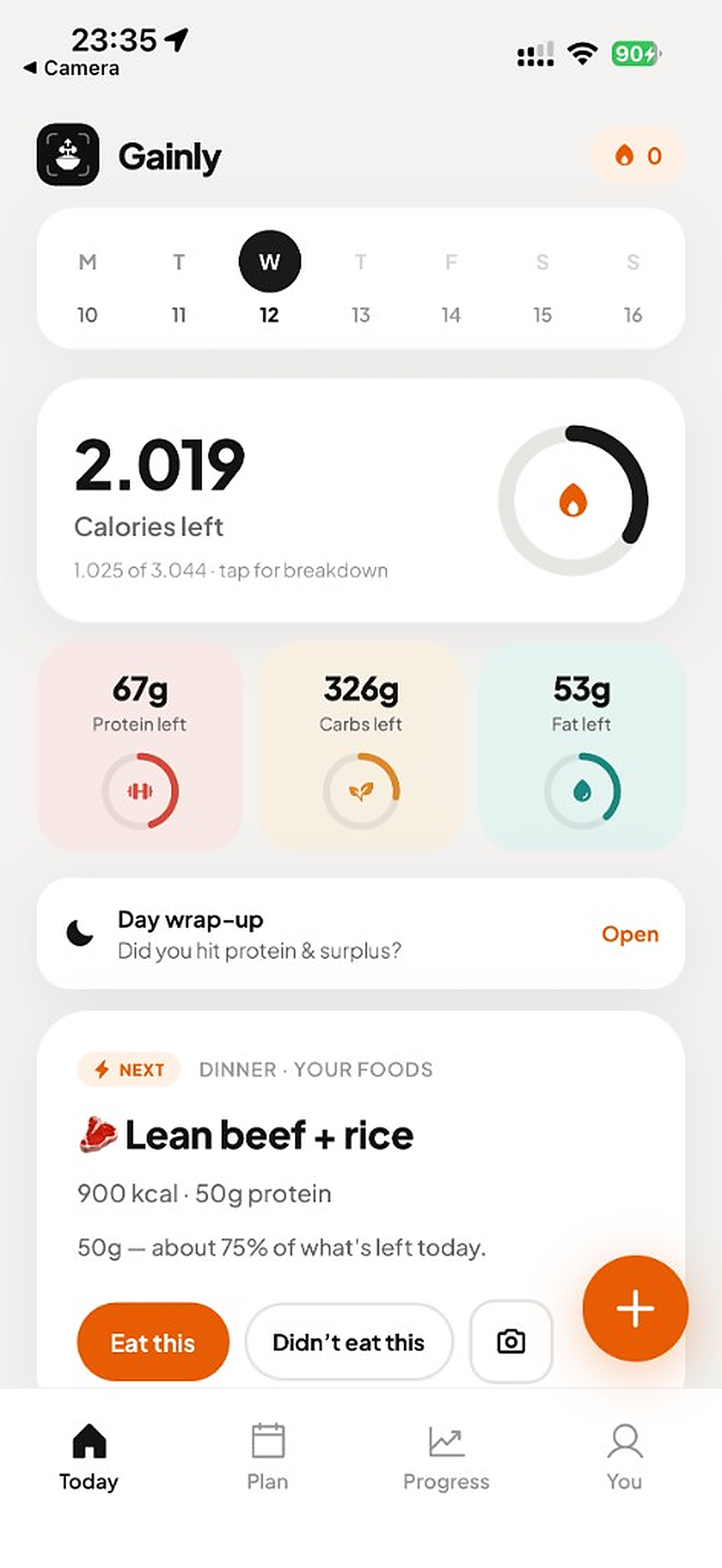 Gainly Today — calories and protein left